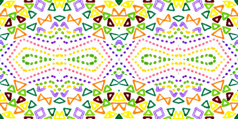 Hand Made Seamless Geometric Painting. Repeated With Circles, Triangles. Endless Liquid Color Design. Geometrical Ink Chinese Art. Ornamental With Squares, Spirals. On White Background