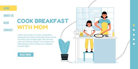 Happy smiling mother daughter in domestic clothes apron cook healthy breakfast together. Family time. Daily morning routine. Everyday life. Spending weekend at home. Motherhood childhood. Landing page