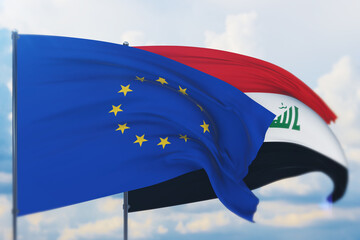 Waving European Union flag and flag of Iraq. Closeup view, 3D illustration.