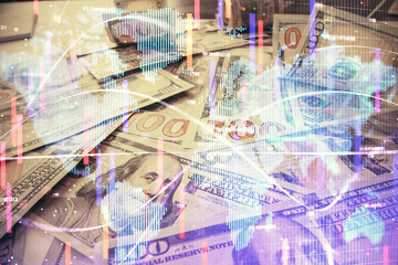 Multi exposure of business theme drawing over us dollars bill background. Concept of financial success.