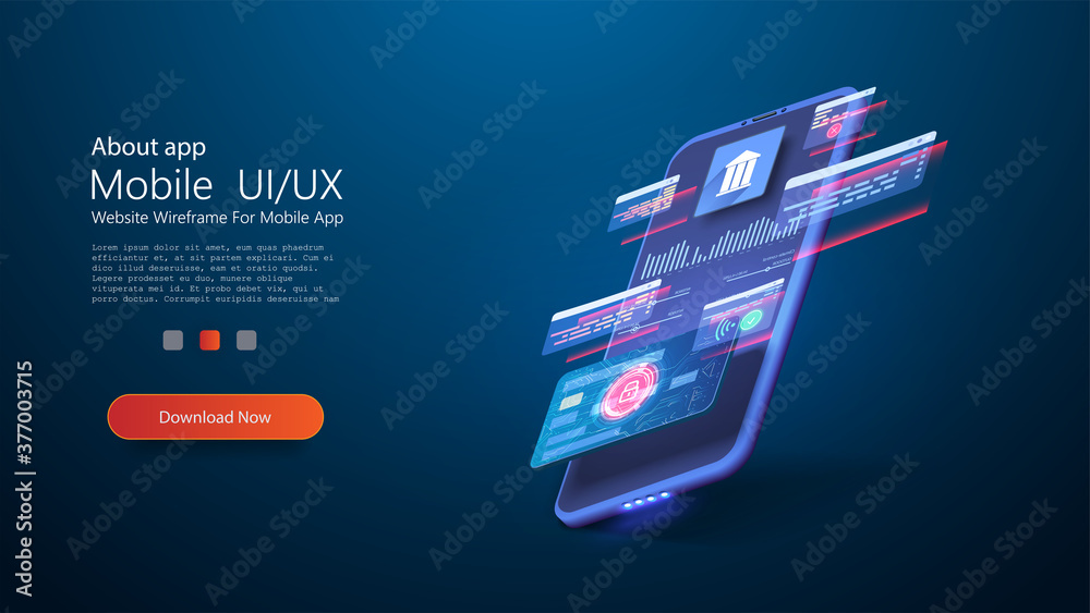 Poster online banking app landing page. smart wallet concept with credit, debit card payment application. g