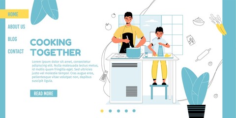 Cooking master class for child. Happy boy son father preparing dinner lunch together. Dad teaching kid. Family member food preparation. Modern kitchen interior design. Landing page layout