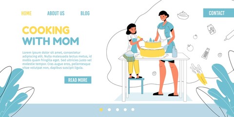 Mother daughter baking decorating delicious holiday cake together landing page. Family cooking sweet dessert preparation. Fun culinary. Creative pastime on kitchen. Daily life. Landing page