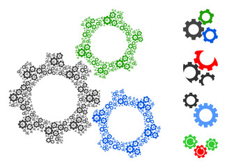 Vector cogwheels collage is created with repeating recursive cogwheels items. Fractal collage for cogwheels. Some other icons are present in this vector.