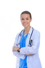 Fototapeta premium Beautiful young woman in white coat posing with hand in pocket. Woman doctor