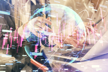 Fototapeta na wymiar Double exposure of man and woman working together and forex chart hologram. Business concept. Computer background.