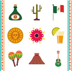 mexican independence day, party national country icons set