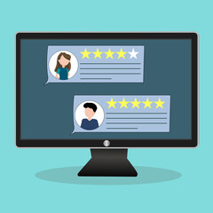 On the monitor screen, customer reviews with their photos. Assess the quality of an app or website. Review, approval by clicking on the stars and comment. User rating five stars. Vector illustration.