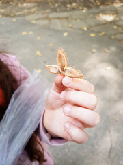 Walking girl in a pink jacket with an orange backpack in the autumn forest during leaf fall
