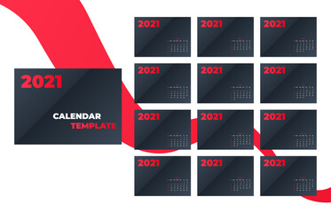 Calendar 2021 template layout, 12 months yearly calendar set in 2021, red background, business brochure flyer, print media, advertisement, Simple design template, vector illustration