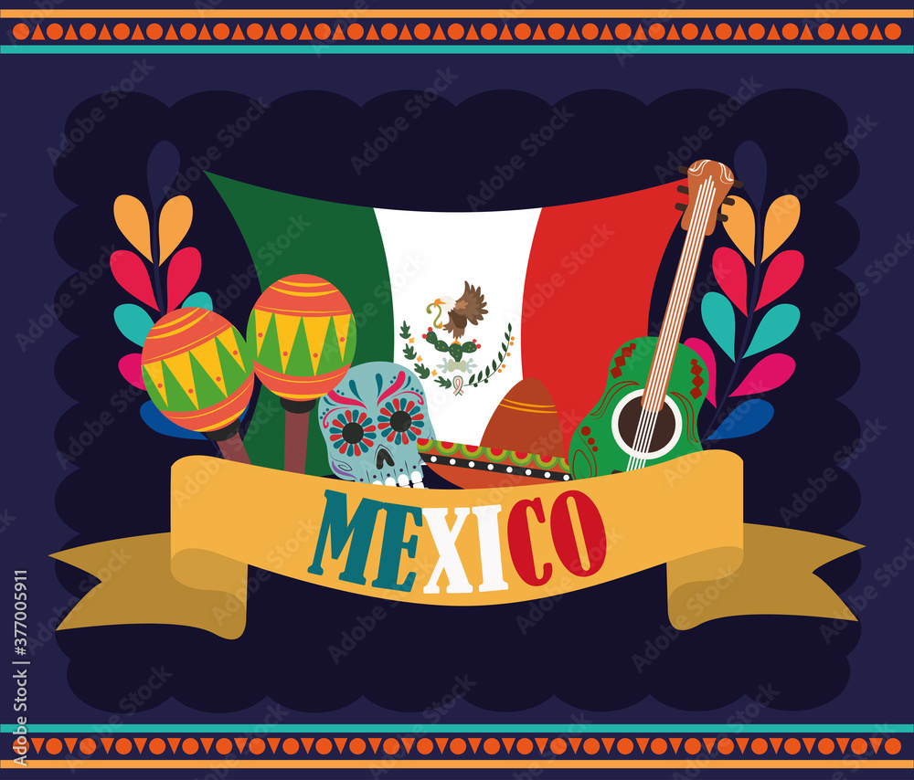 Wall mural mexican independence day, flag catrina guitar maracas and floral decoration, celebrated on september