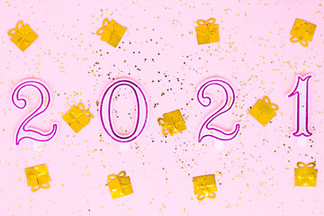 Number 2021 in festive style. New Year concept. Flat lay.