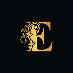 Gold letter E Vintage golden flower ornament initial letters.  Alphabet. Logo vector 