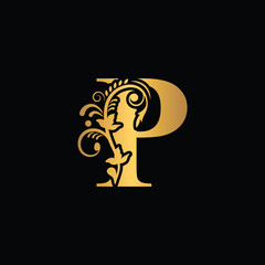 Gold letter P Vintage golden flower ornament initial letters.  Alphabet. Logo vector 