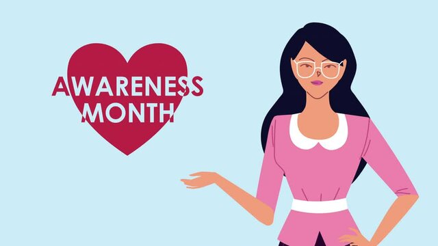 breast cancer campaign lettering animation with woman and heart