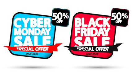 Black Friday and Cyber Monday Sale, 50% off, banners design template, discount tags, clearance season offers, vector illustration