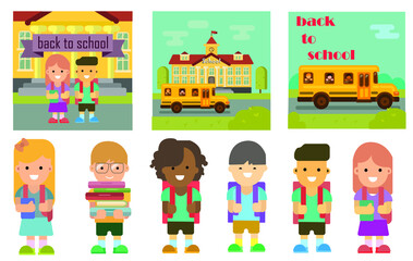 Back to school! Cute vector illustrations for a poster, banner or card with objects: school, schoolchildren at their desks, stationery, books, children, pen, ruler, eraser and seamless pattern