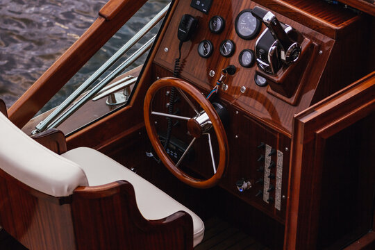 Steering motorboat  control  rudder  dashboard vintage luxury transportation cruise navigation