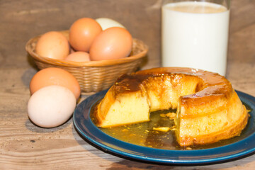 flan made with eggs, milk and sugar, decorated with caramel and dulce de leche