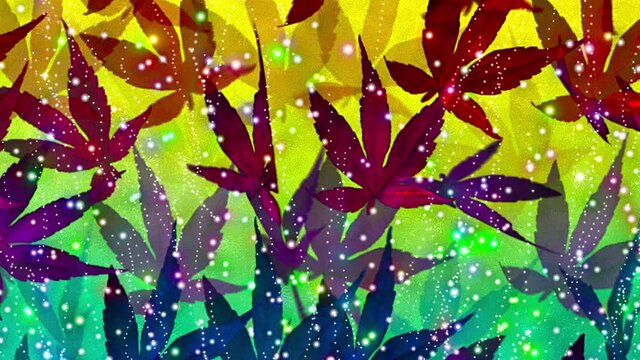 Colorful abstract particles on a yellow-green autumn backdrop. Slow design.