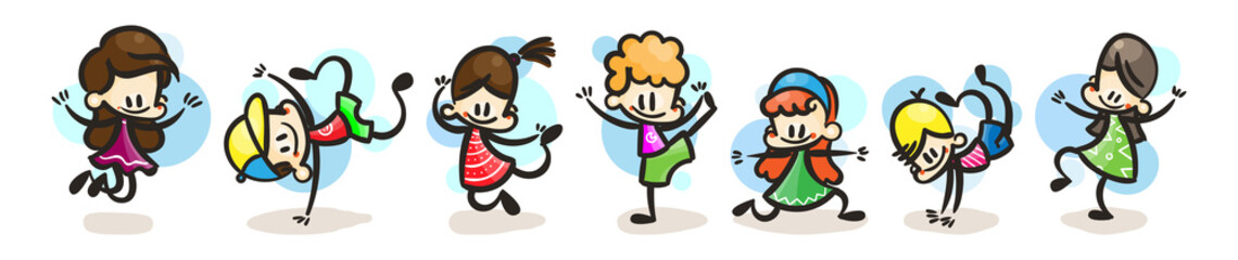 Collection of happy cartoon kids, colored hand drawn doodle outline style