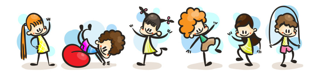 Collection of happy cartoon kids, colored hand drawn doodle outline style