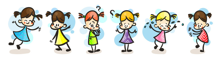 Collection of happy cartoon kids, colored hand drawn doodle outline style