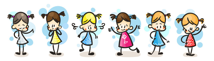 Collection of happy cartoon kids, colored hand drawn doodle outline style