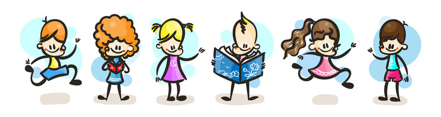 Collection of happy cartoon kids, colored hand drawn doodle outline style