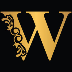 Gold letter W Vintage golden flower ornament initial letters.  Alphabet. Logo vector 