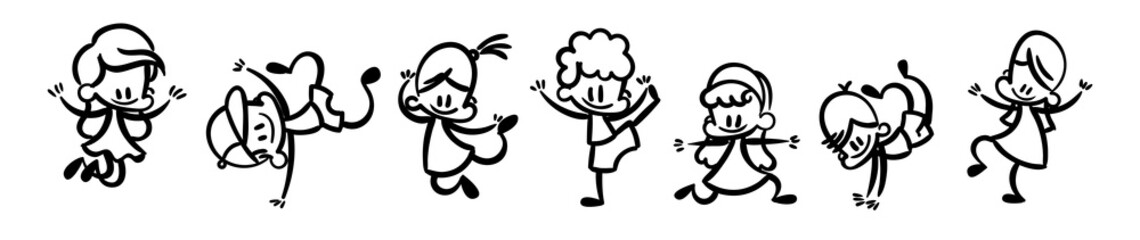 Collection of happy cartoon kids, lined hand drawn doodle outline style