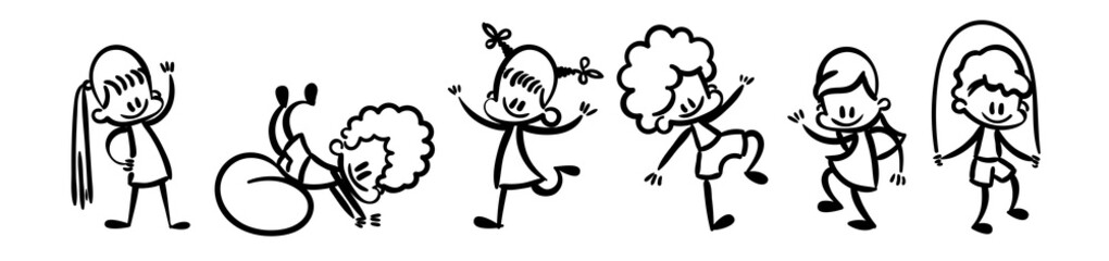 Collection of happy cartoon kids, lined hand drawn doodle outline style