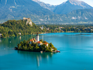 Aerial view on the Pilgrimage Church of the Assumption of Maria on the Lake Bled