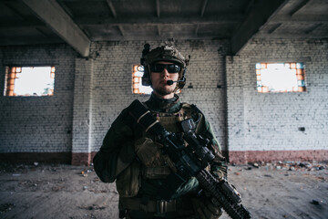 Military men with arms defending the building. Soldier stand guard securing territory looking around.