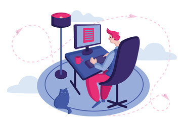 Vector flat illustration. Freelance man working on laptop at house, online study, distance education. Staying home with self quarantine, protect from virus.