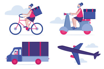 Vector delivery concept. Online delivery service, online order tracking, delivery office and home. Truck, plane, bicycle and scooter, courier in respirator mask. Vector illustration in a flat style.