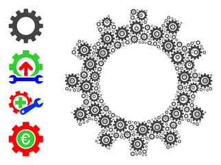 Vector gearwheel collage is done from random self gearwheel items. Recursion collage from gearwheel. Some other icons are present in this vector.