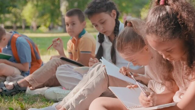Medium shot of schoolgirls and schoolboys sitting on green grass in park and drawing in notebooks during outdoor biology lesson