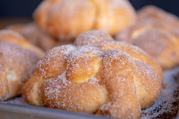 Exquisite traditional pan de muerto or bread of dead with bottom of bread of dead.