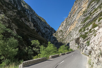 Paved roads crossing the beautiful region of the Verdon gorge, between mountains and canyon, Provence-Alpes-Côte d'Azur region, Alpes de Haute Provence, France