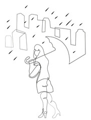 One continuous line drawing of young woman with umbrella walking alone in the street.
Simple one line drawing of  rainy weather.