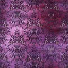 Luxury purple and tan damask seamless pattern. High quality illustration. Mysterious and luxurious grape and beige colored ornamental textured pattern swatch. Fancy and glamorous romantic design.