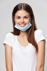 brunette smile medical mask white t-shirt health 