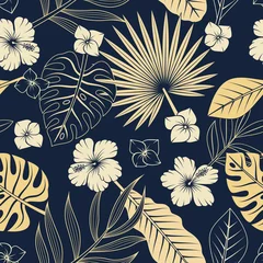 Fototapeten Nahtloses Muster mit tropischen Blättern und Blumen. Eleganter exotischer Hintergrund. © floralpro