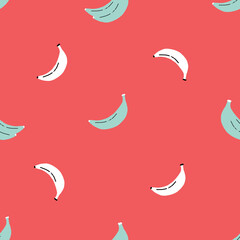 Simple vector white and teal banana pattern with red background