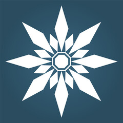 Geometric white snowflake vector flat lay style on blue gray background. Merry Christmas, winter holiday and Happy New Year greeting card, poster concept