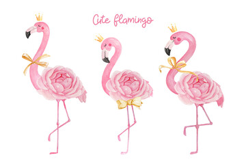 Cute flamingo with crown, ribbon, and ranunculus flower
 - obrazy, fototapety, plakaty