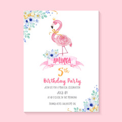 Cute watercolor flamingo and flowers for birthday party invitation
