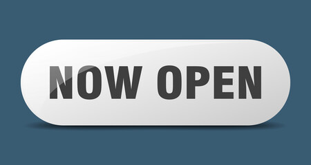 now open button. sticker. banner. rounded glass sign