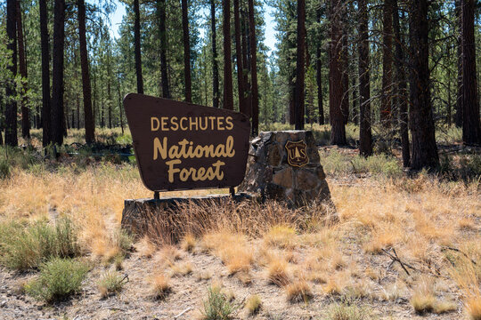 Oregon, USA - August 3, 2020: Sign for the Deschutes National Forest, in Central Oregon